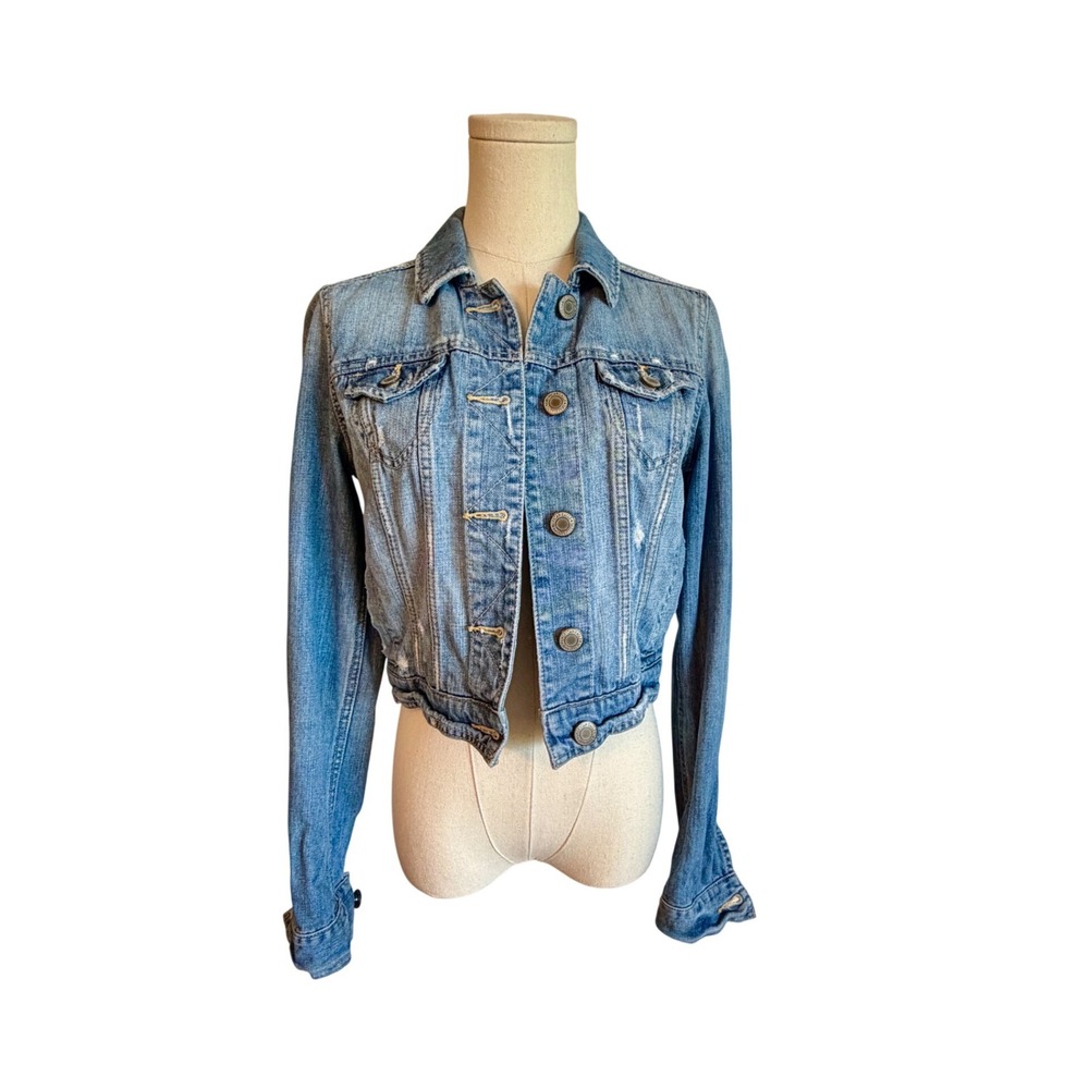 American Eagle Womens Cropped Denim Jacket Medium Wash Distressed Blue Size S